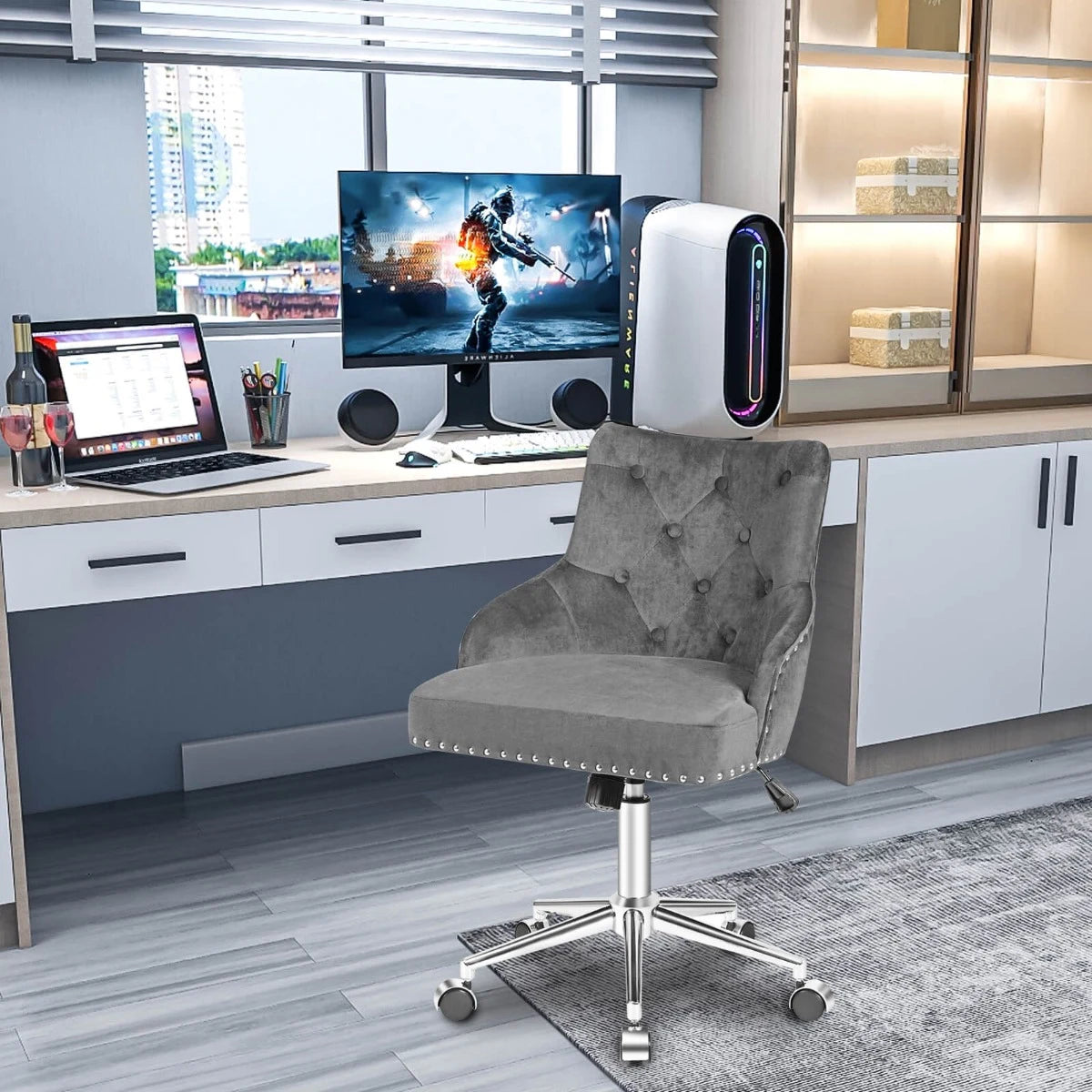 Upholstered Home Office Chair with Wheels and Nailhead Trim