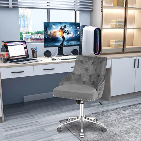 Upholstered Home Office Chair with Wheels and Nailhead Trim