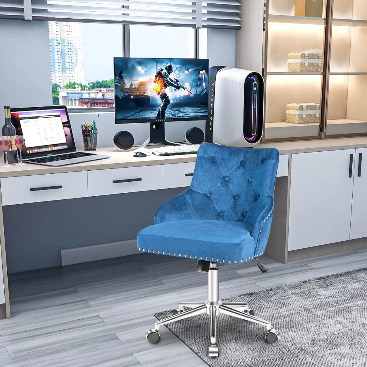 Upholstered Home Office Chair with Wheels and Nailhead Trim