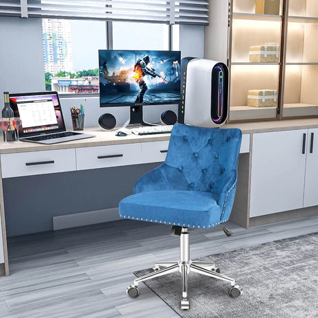 Upholstered Home Office Chair with Wheels and Nailhead Trim