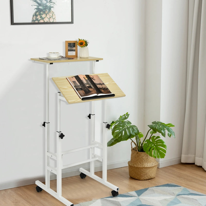 2-Tier Height Adjustable Mobile Standing Desk for Home Office