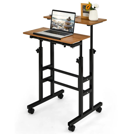 2-Tier Height Adjustable Mobile Standing Desk for Home Office