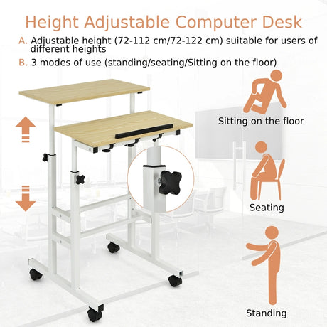 2-Tier Height Adjustable Mobile Standing Desk for Home Office