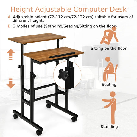 2-Tier Height Adjustable Mobile Standing Desk for Home Office