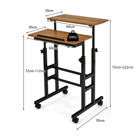 2-Tier Height Adjustable Mobile Standing Desk for Home Office