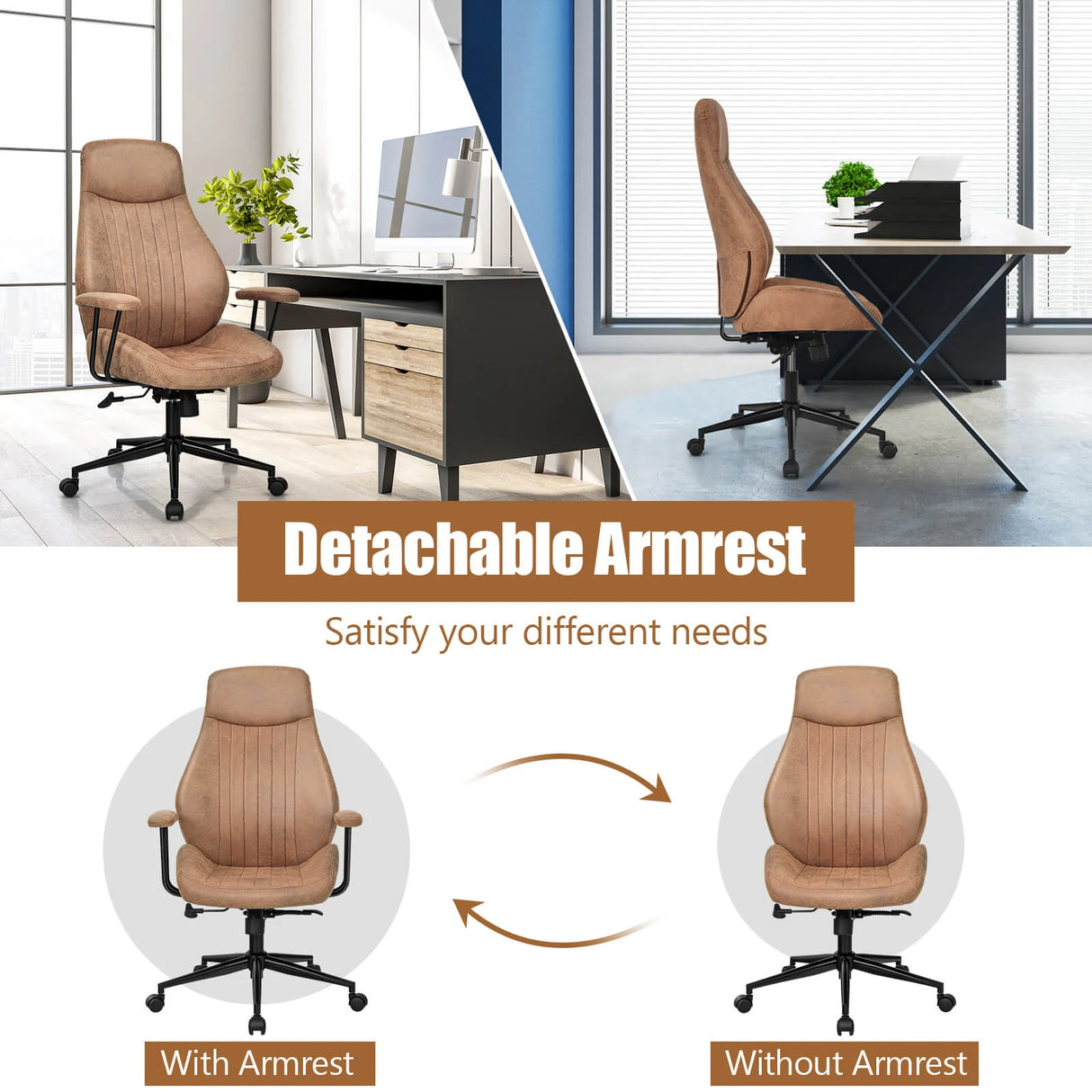 Ergonomic Office Chair with Adjustable High Backrest for Home Office Brown