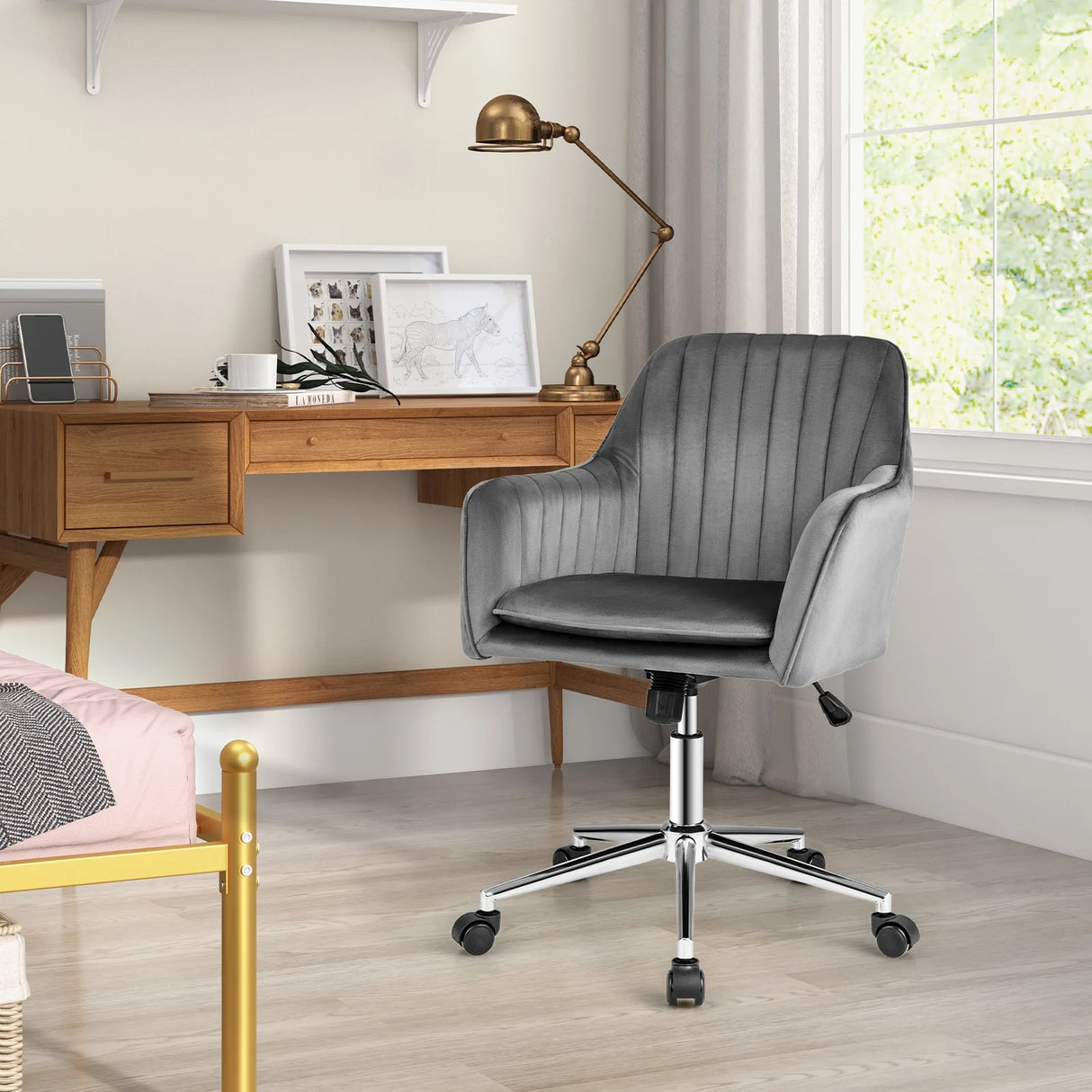Adjustable Velvet Leisure Chair with 4 Universal Wheels for Daily-Grey