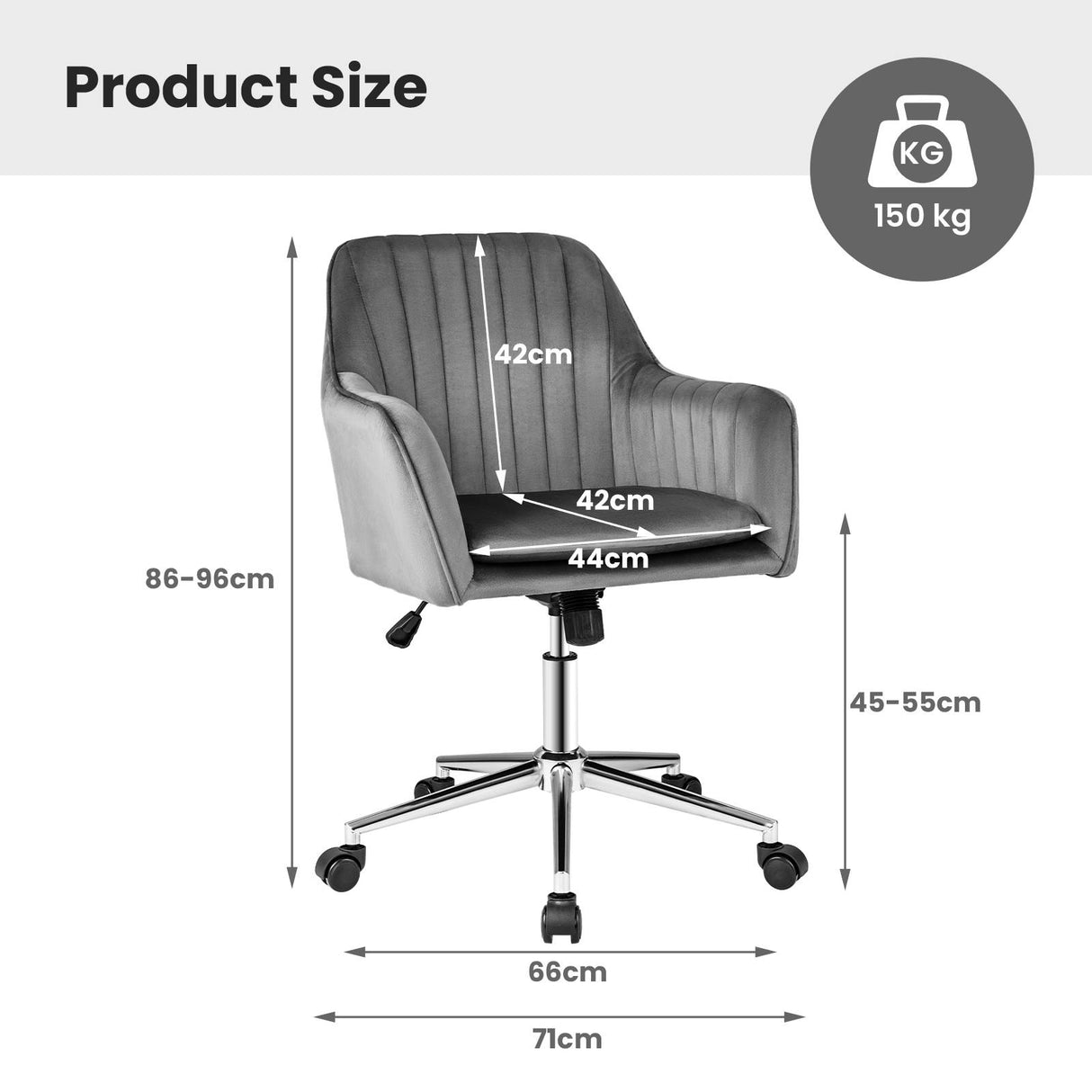 Adjustable Velvet Leisure Chair with 4 Universal Wheels for Daily-Grey