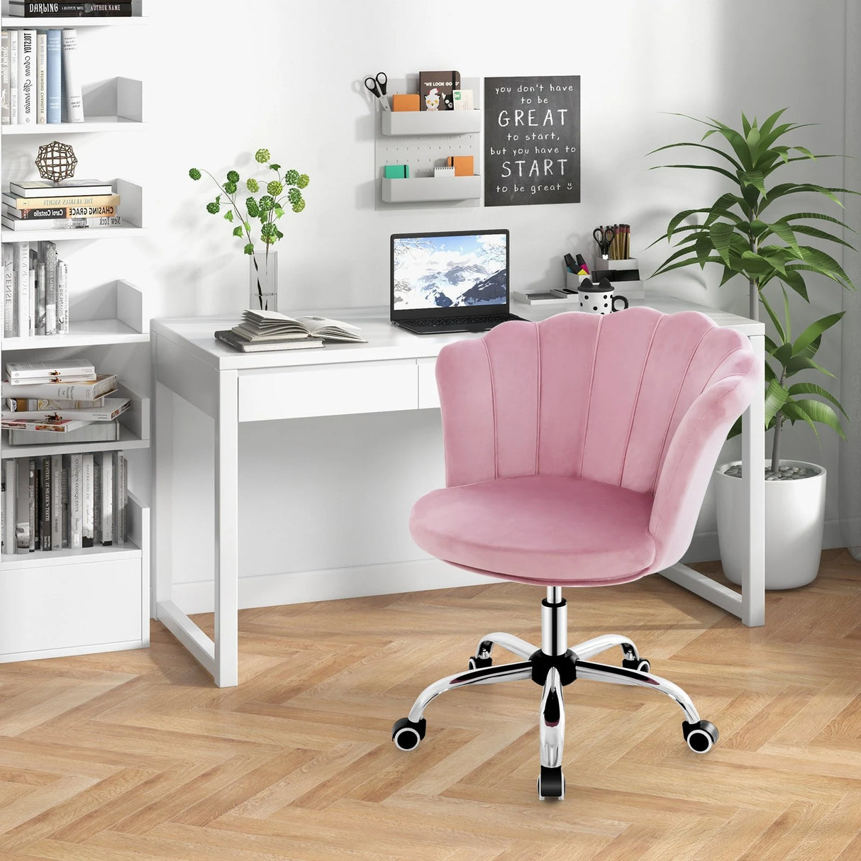 Height Adjustable Velvet Office Chair with Wheels &amp; Ergonomic Design Computer Chair Pink