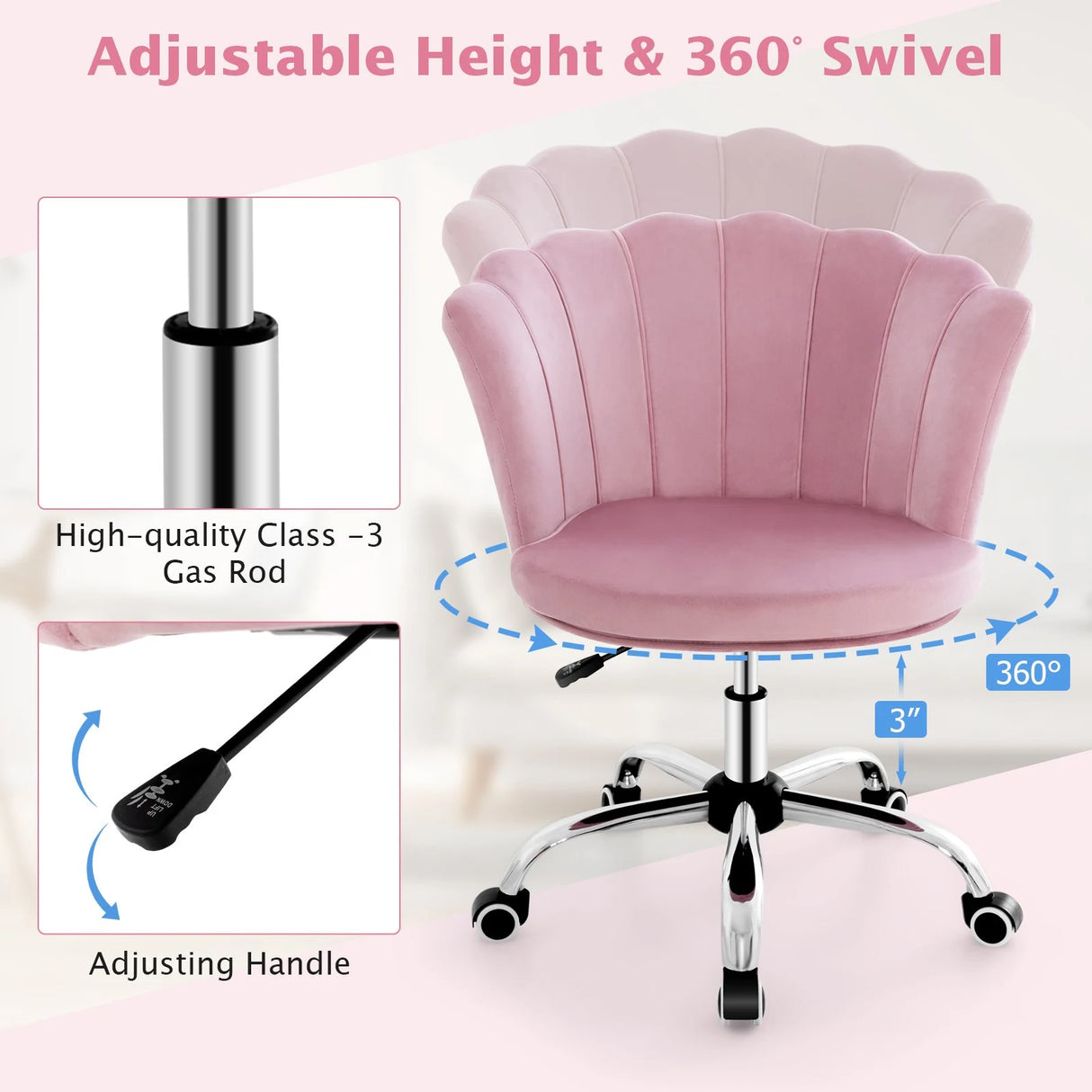 Height Adjustable Velvet Office Chair with Wheels &amp; Ergonomic Design Computer Chair Pink