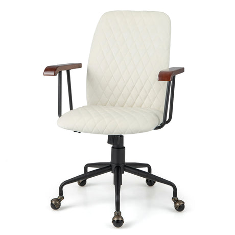 Velvet Home Office Chair with Wooden Armrest-Beige