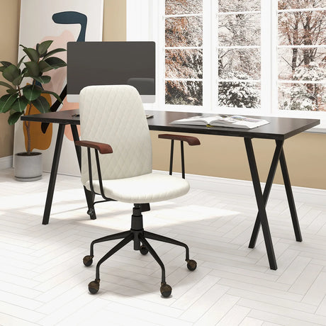 Velvet Home Office Chair with Wooden Armrest-Beige