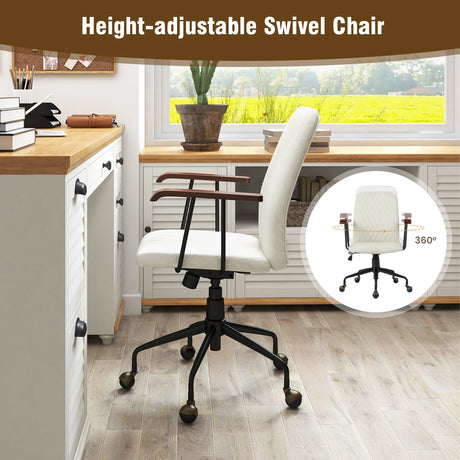 Velvet Home Office Chair with Wooden Armrest-Beige