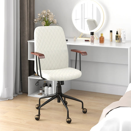 Velvet Home Office Chair with Wooden Armrest-Beige