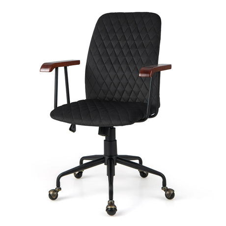Velvet Home Office Chair with Wooden Armrest-Black