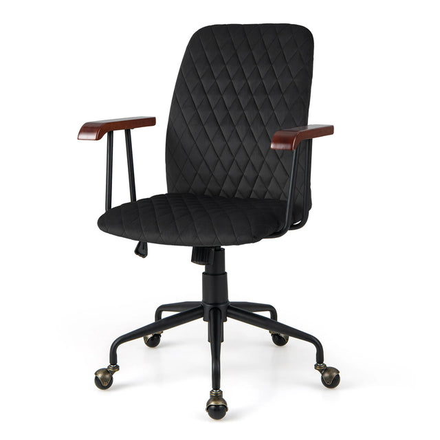 Velvet Home Office Chair with Wooden Armrest-Black