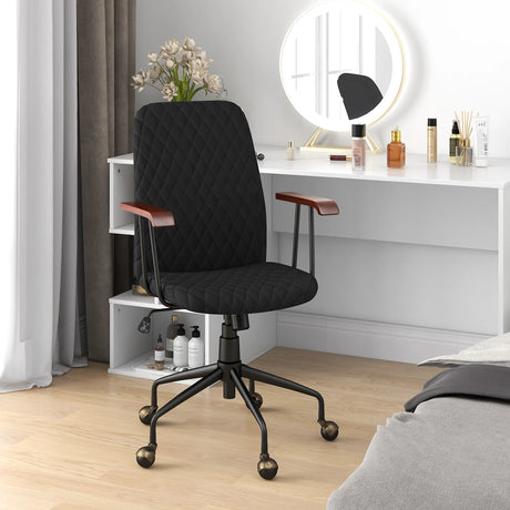 Velvet Home Office Chair with Wooden Armrest-Black