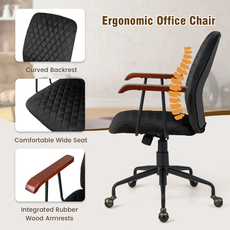 Velvet Home Office Chair with Wooden Armrest-Black