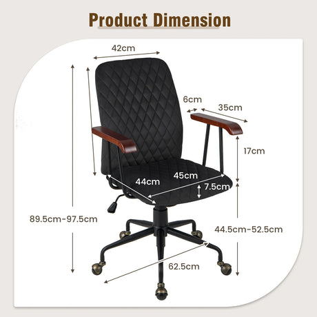 Velvet Home Office Chair with Wooden Armrest-Black