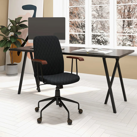 Velvet Home Office Chair with Wooden Armrest-Black