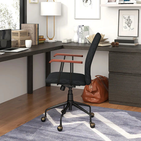 Velvet Home Office Chair with Wooden Armrest-Black