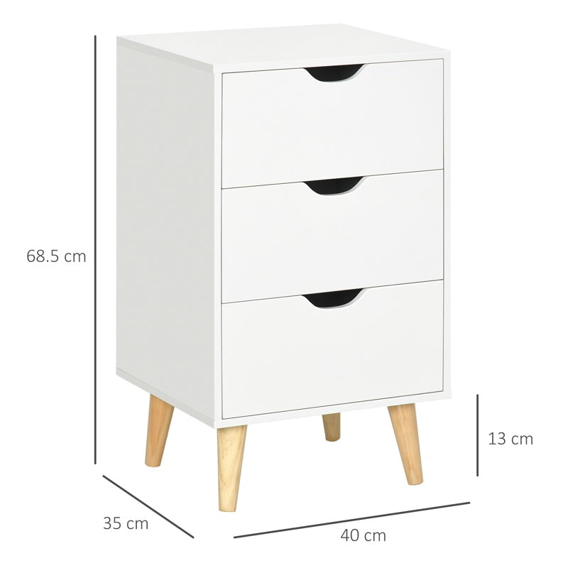 HOMCOM Bedside Table, Bedside Cabinet with 3 Drawers, Small Side Table with Wood Legs and Cut-out Handles for Bedroom, White