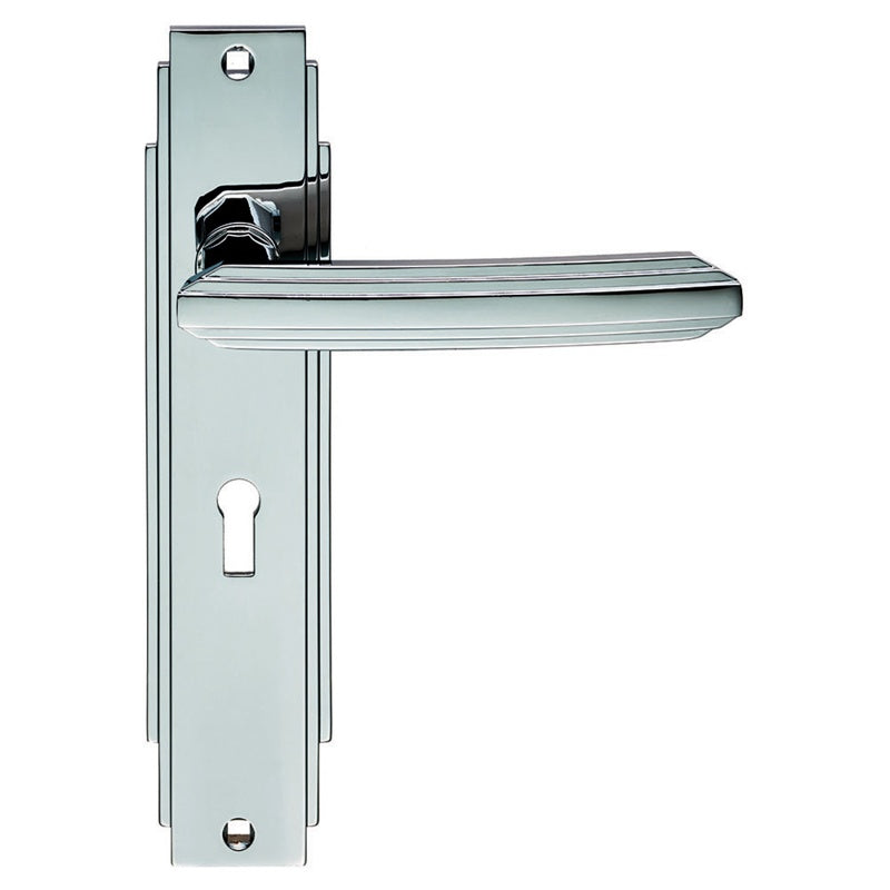 ART DECO LEVER ON BACKPLATE - LOCK 57MM C/C - POLISHED CHROME - 205 x 45mm - PAIR