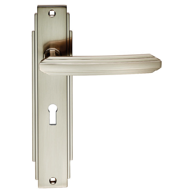 ART DECO LEVER ON BACKPLATE - LOCK 57MM C/C - SATIN NICKEL - 205 x 45mm - PAIR