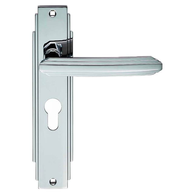 ART DECO LEVER ON BACKPLATE - LOCK EURO PROFILE 47.5MM C/C - POLISHED CHROME - 205 x 45mm - PAIR