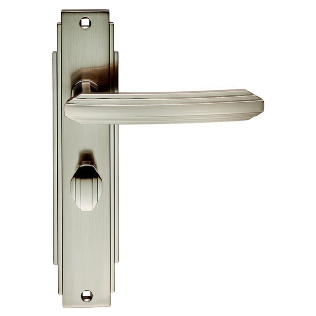 ART DECO LEVER ON BACKPLATE - BATHROOM 57MM C/C - SATIN NICKEL - 205 x 45mm - PAIR