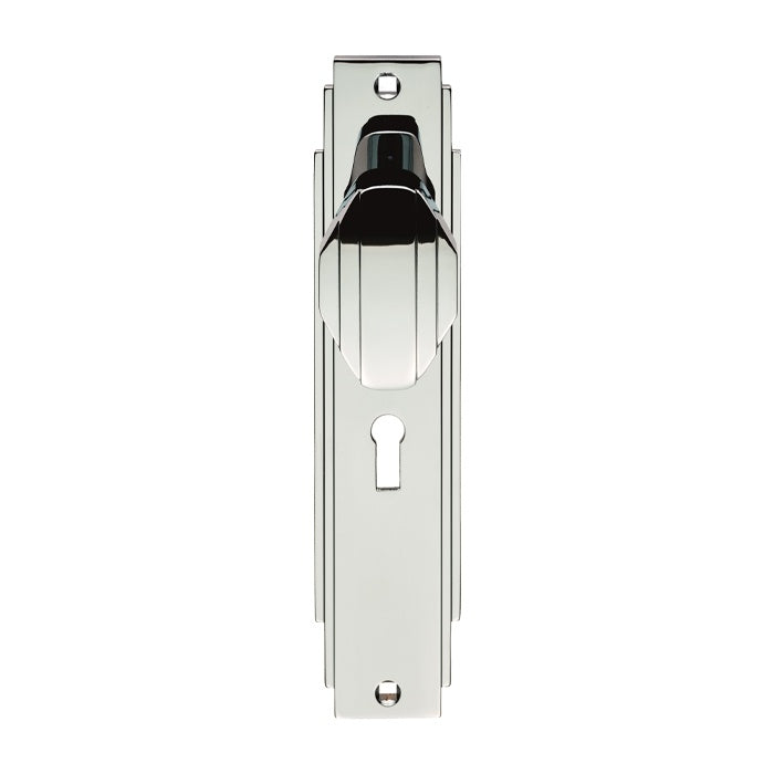ART DECO KNOB ON BACKPLATE - LOCK 57MM C/C - POLISHED CHROME - 205 x 45mm - PAIR