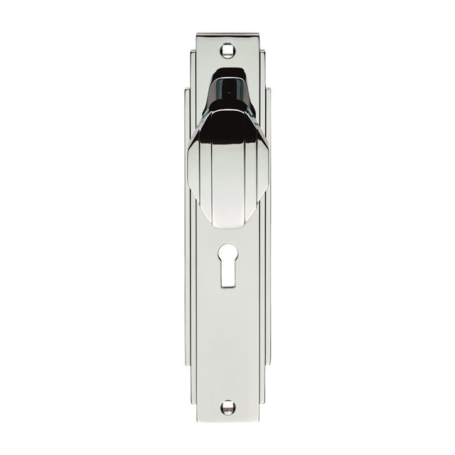 ART DECO KNOB ON BACKPLATE - LOCK 57MM C/C - POLISHED CHROME - 205 x 45mm - PAIR