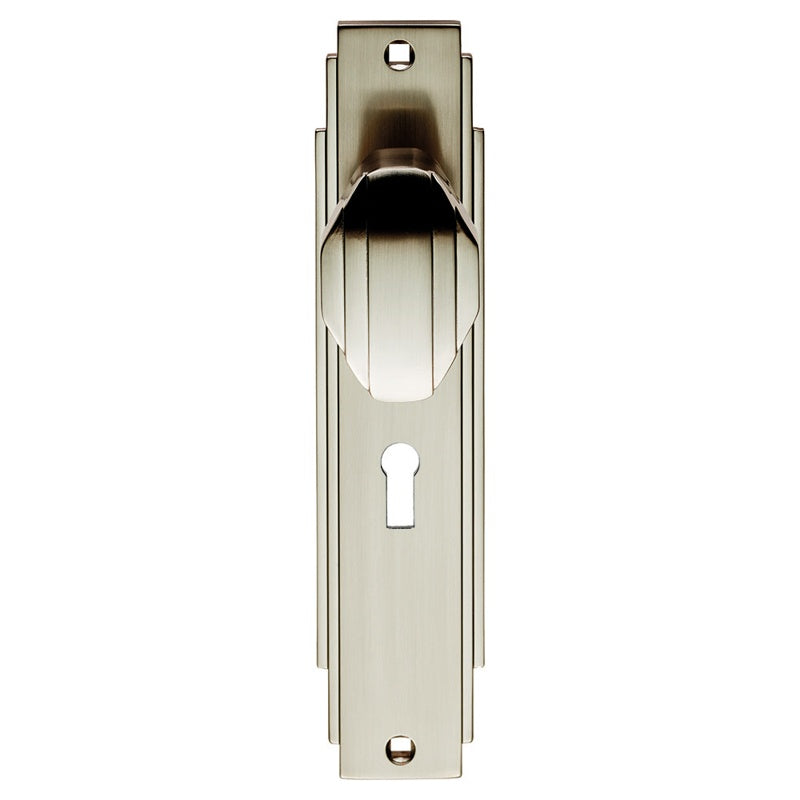 ART DECO KNOB ON BACKPLATE - LOCK 57MM C/C - SATIN NICKEL - 205 x 45mm - PAIR