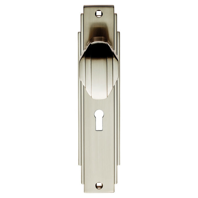 ART DECO KNOB ON BACKPLATE - LOCK 57MM C/C - SATIN NICKEL - 205 x 45mm - PAIR