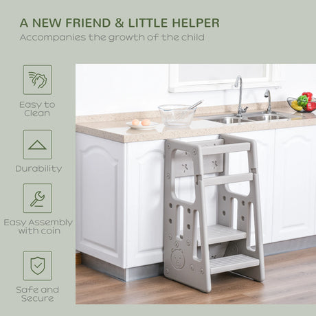 HOMCOM Kids Step Stool, with Adjustable Platform and Non-Slip Mat  Grey