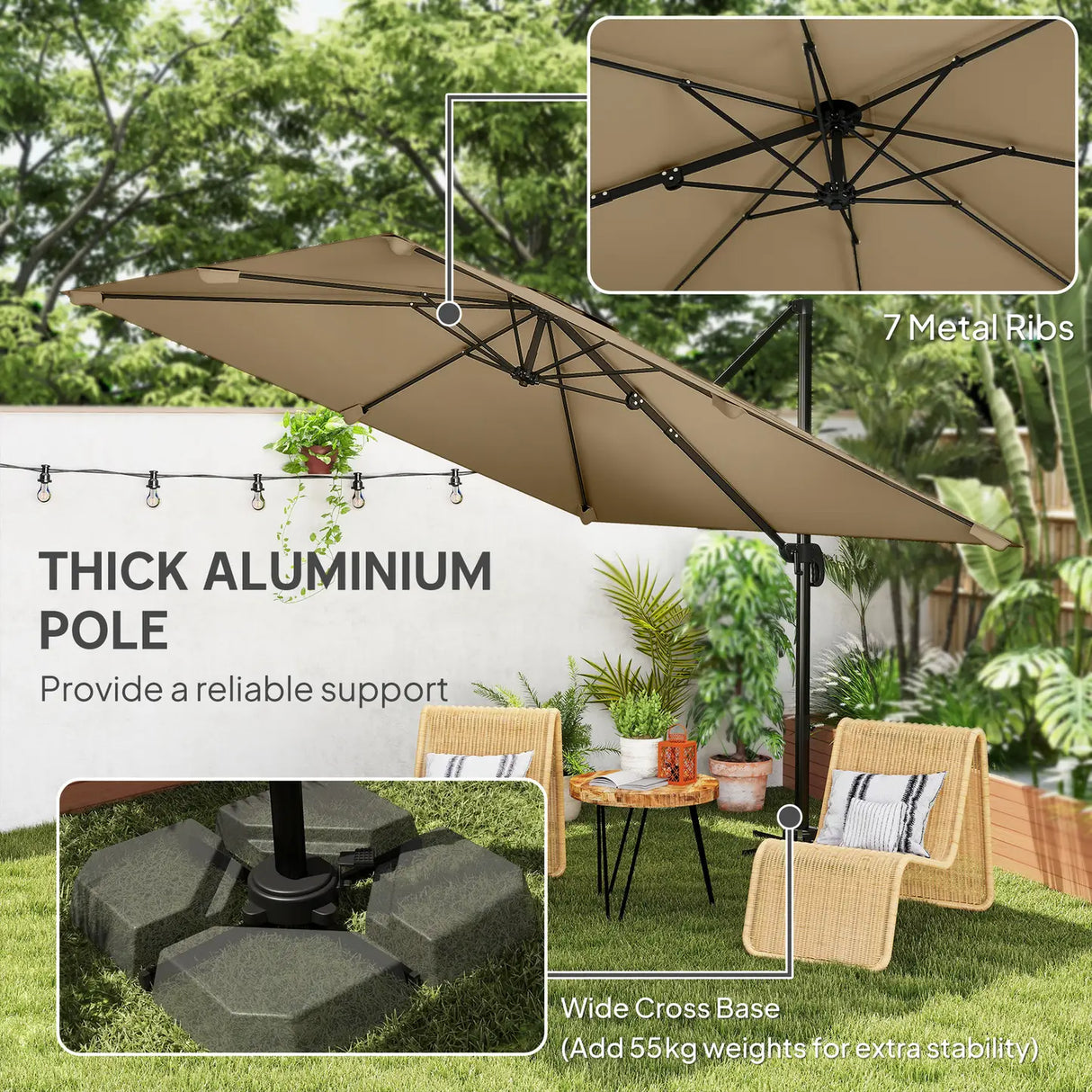 Outsunny 3 x 3 m Cantilever Parasol, Square Patio Umbrella with Crank Handle, Cross Base, Tilt, 360 Rotation, Khaki