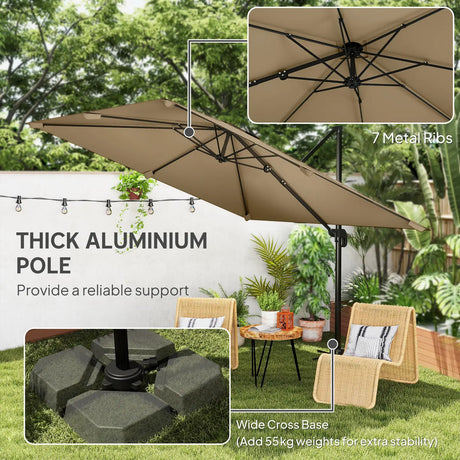 Outsunny 3 x 3 m Cantilever Parasol, Square Patio Umbrella with Crank Handle, Cross Base, Tilt, 360 Rotation, Khaki