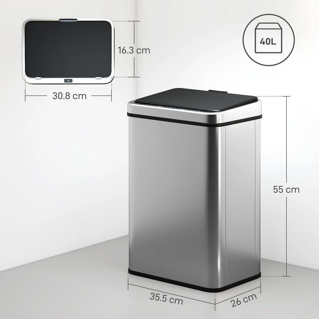 HOMCOM 40L Sensor Bin with Quiet Soft-Close Lid, Automatic Touchless Motion Sensor Kitchen Bin with Fingerprint Resistant Stainless Steel for Hygienic Gyms, Home Office Use, Silver Tone