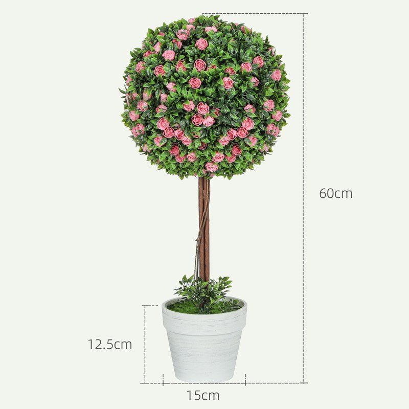 HOMCOM Set of 2 Decorative Artificial Plants, Ball Topiary Tree with Rose Flower in Pot, Fake Plants for Home Indoor Outdoor Decor, 60cm, Pink