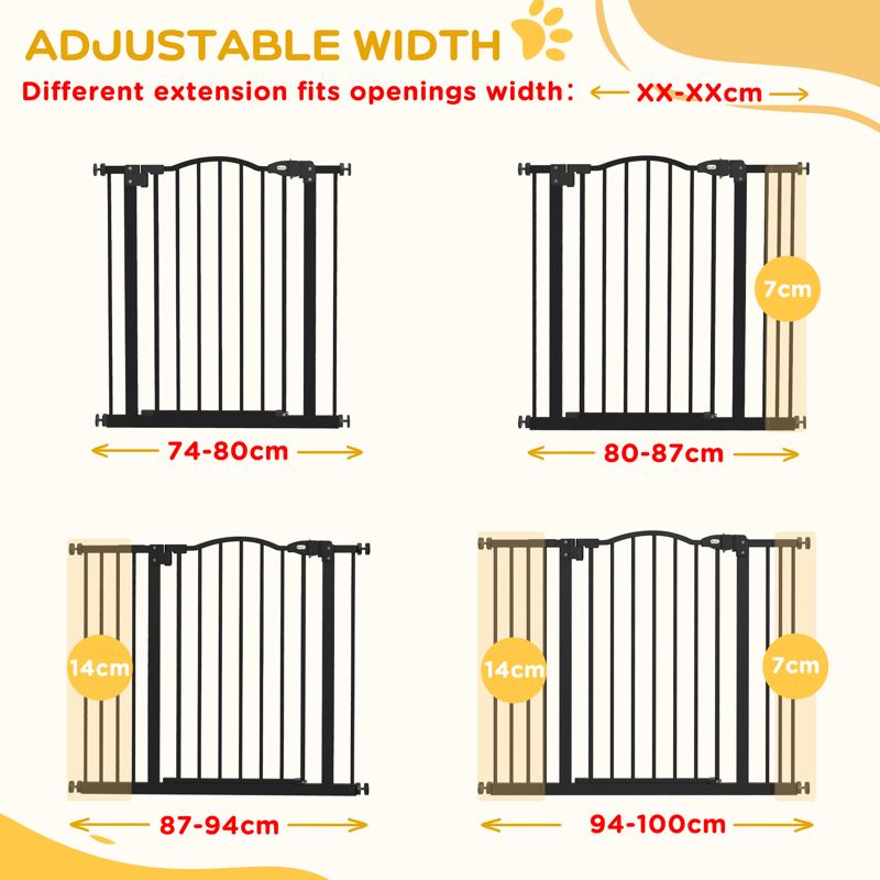 PawHut Metal 74-100cm Adjustable Pet Gate Safety Barrier w/ Auto-Close Door Black