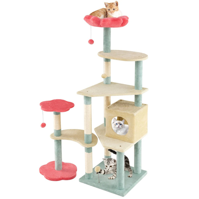 Multi-Level Aesthetic Floral Kitten Tower with Condo and Perch-Red
