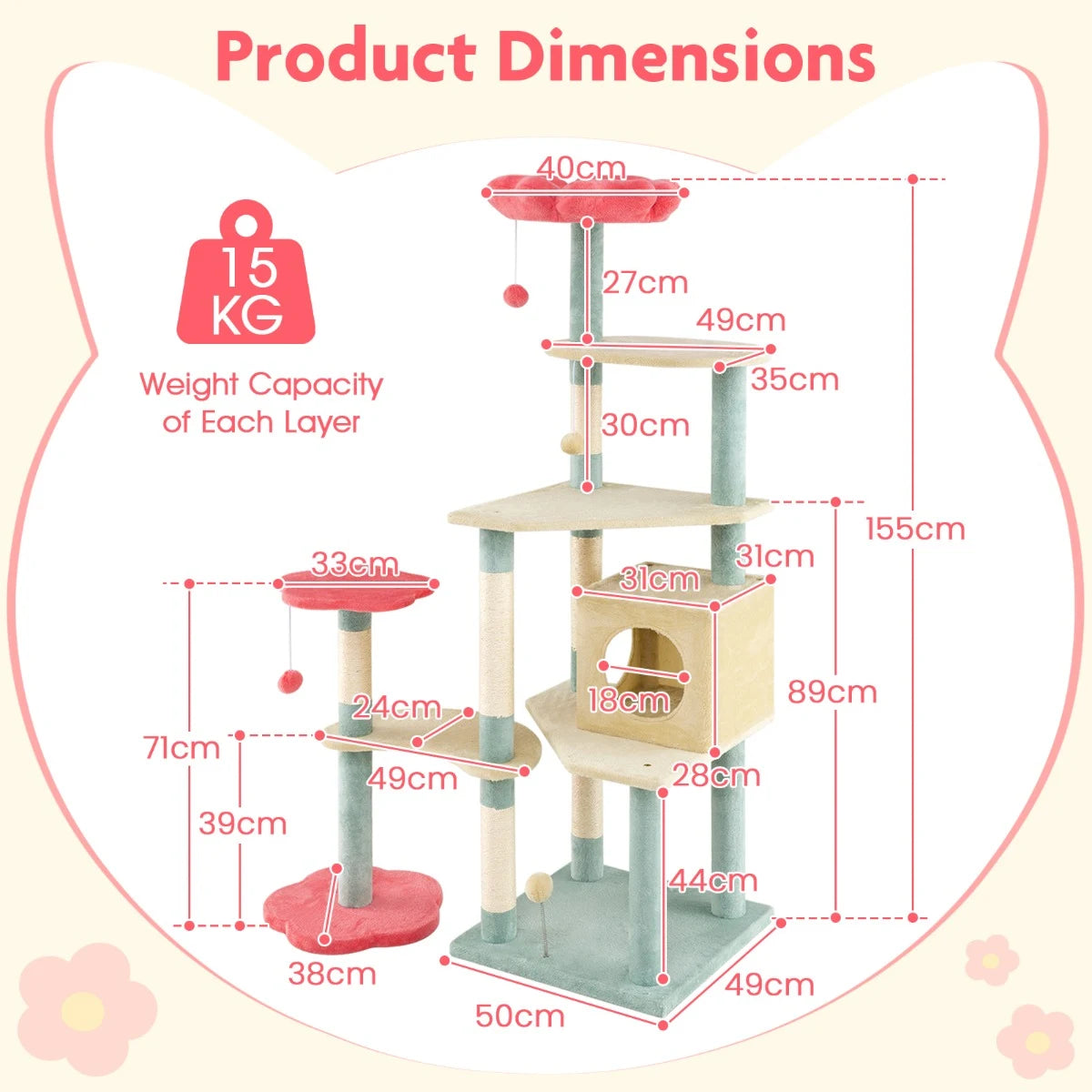 Multi-Level Aesthetic Floral Kitten Tower with Condo and Perch-Red