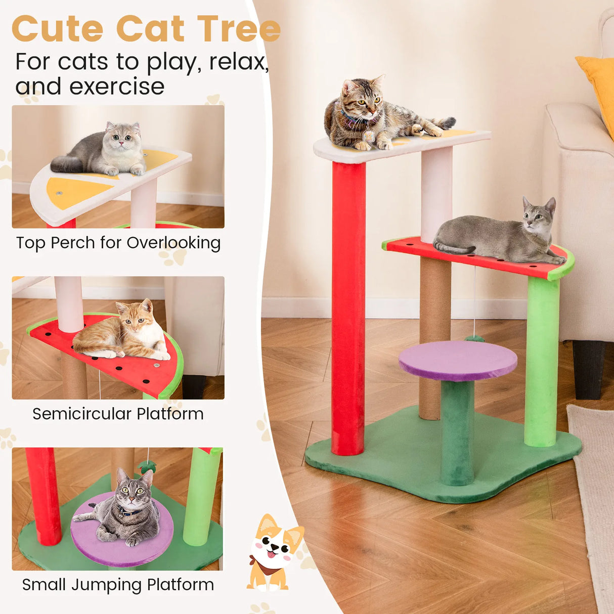69CM Cute Cat Tree Multi-Level Cat Tower Aesthetic Fruit Shaped with Fruit-Shaped Platforms