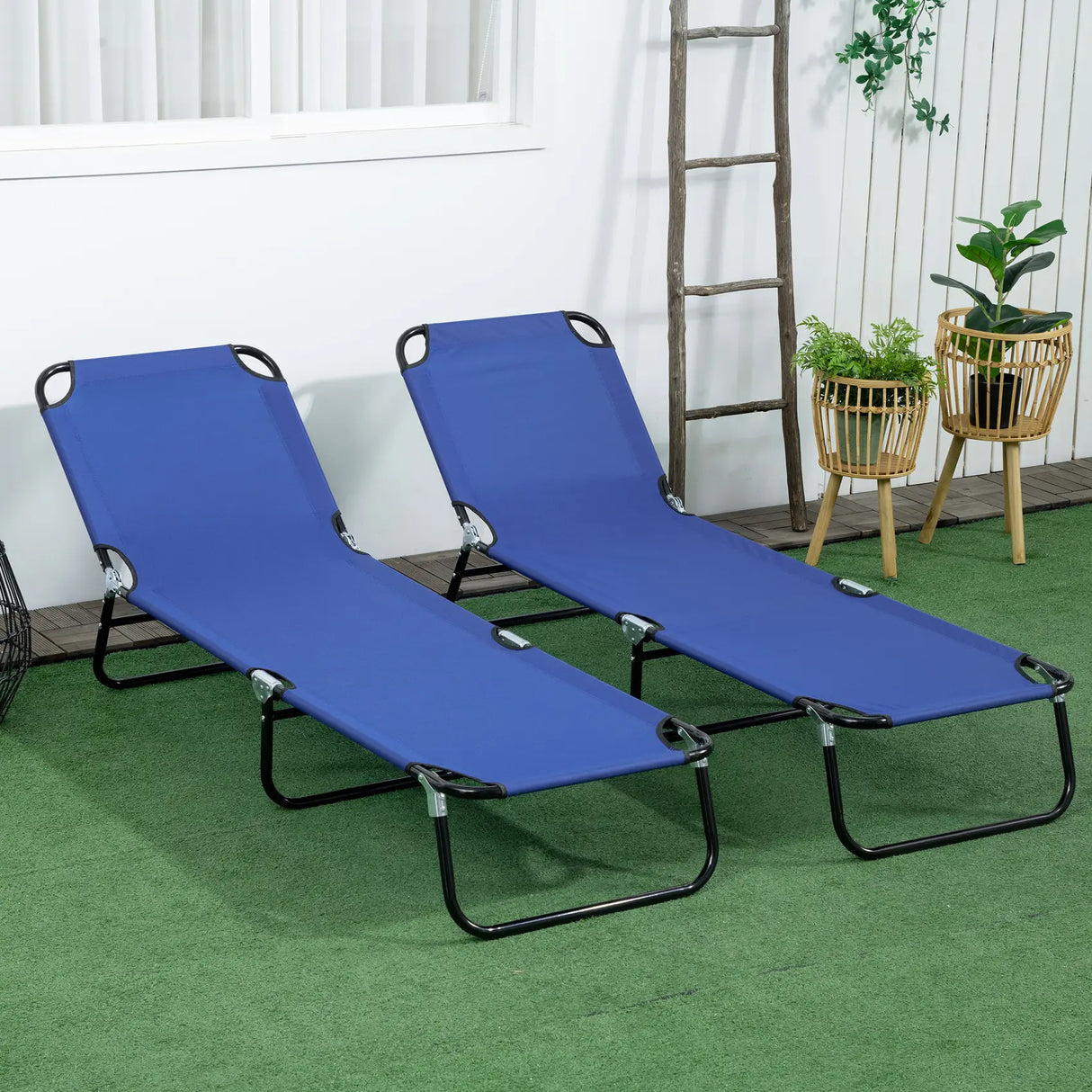 Outsunny Set of Two Metal Frame Folding Sun Loungers - Blue