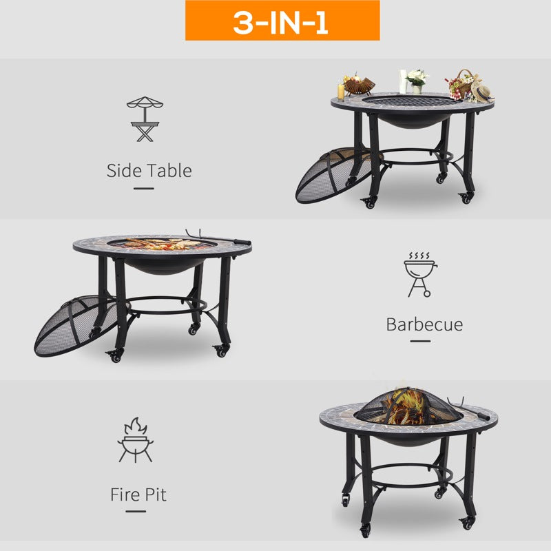 Outsunny 3-in-1 Outdoor Fire Pit on Wheels, Mosaic Garden Table, Patio Heater with Cooking BBQ Grill, Firepit Bowl with Screen Cover, Fire Poker for Backyard Bonfire