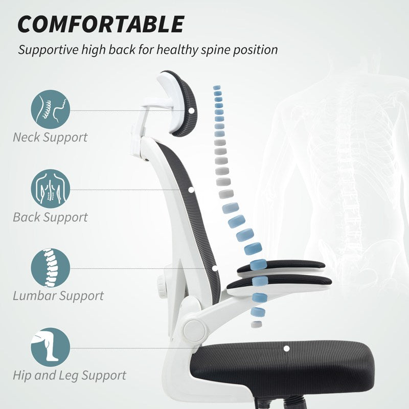 HOMCOM Executive Office Chair, Ergonomic Mesh High Back Desk Chair with Flip-up Armrest, Rotatable Headrest, Adjustable Lumbar Support, Swivel Computer Chair for Home Study, Black