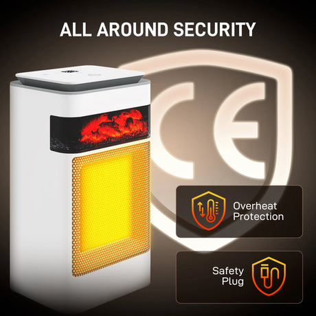 HOMCOM Ceramic Electric Heater, 1500W Fan Space Heater with 3 Modes, 24H Timer, Flame Effect, Oscillation for Bedroom, White