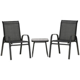 Outsunny 3 Pieces Outdoor Bistro Set, Patio Stackable Armchairs with Breathable Mesh Fabric and SPC Board Coffee Table, Black