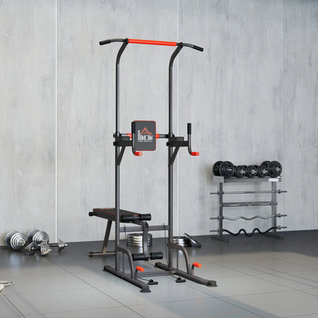 HOMCOM Multifunction Power Tower Home Workout Dip Station w/ Sit-up Bench Push-up Bars and Tension Ropes Fitness Equipment Office Gym Training