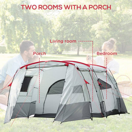 Outsunny 6-8 Person Tunnel Tent, Camping Tent with Bedroom, Living Room, Sewn-in Floor, 3 Doors and Carry Bag, 2000mm Water Column for Fishing, Hiking, Sports, and Traveling, Grey